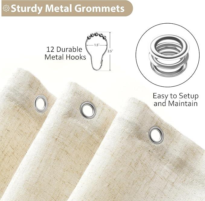 Jowels Cream Linen Shower Curtain, Boho Farmhouse Shower Curtain Set for Bathroom, 200GSM Luxury Weighted Water Resistant Fabric Textured Shower Curtains with 12 Metal Hooks, 72Wx90H - ModernBath