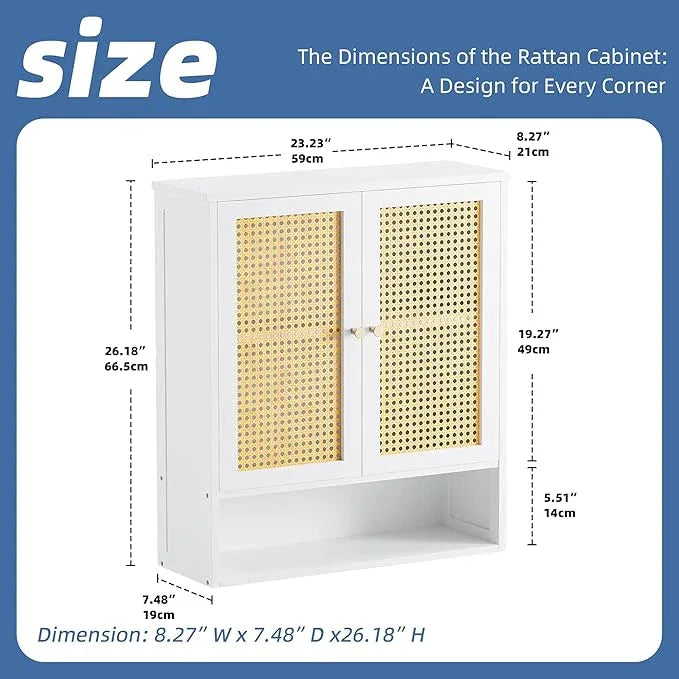 HITNET Bathroom Wall Cabinet, Rattan Medicine Cabinet, Bamboo Hanging Storage Organizer Over The Toilet with Adjustable Shelf for Living Room, Kitchen, Hallway(White) - ModernBath
