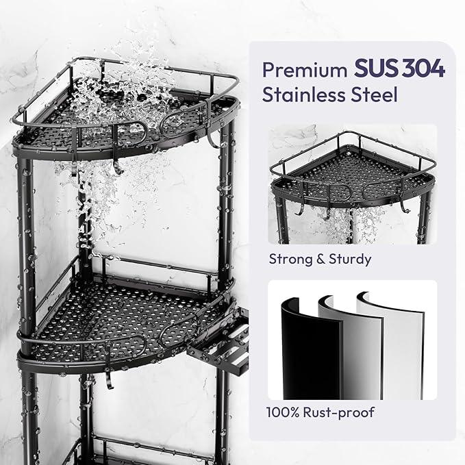 SWTYMIKI Corner Shower Caddy Standing - 4 Tier Stainless Steel Shower Organizer Stand with 4 Hooks & Soap Holder, Rustproof Metal Standing Tall Floor Shower Shelf and Bathroom Organizer, Black - ModernBath