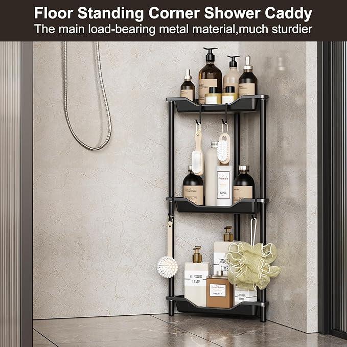 Orimade Rustproof 3 Tier Floor Standing Corner Shower Caddy Organizer, Plastic Metal Splicing Floor Corner Shelf Rack Stands for Bathroom, Black - ModernBath