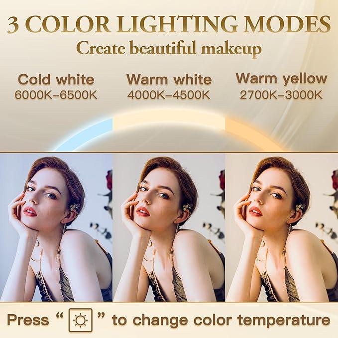 ROLOVE Vanity Mirror with Lights, 32" x 22" Large Lighted Vanity Mirror with Dimmable 3 Modes, LED Makeup Mirror, 10X Magnification, USB Charging Port, Tabletop or Wall-Mounted Square Gold - ModernBath