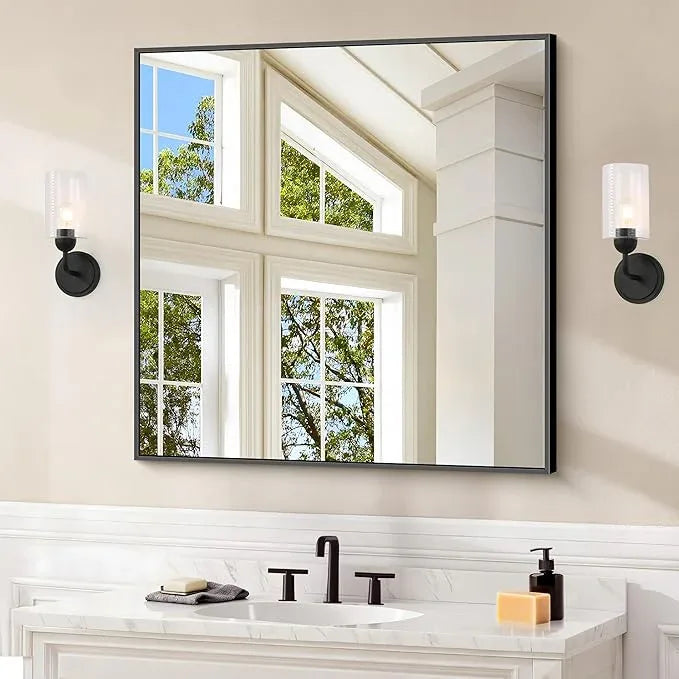 COFENY Black Bathroom Mirror for Wall, 30x30 Inch Rectangle Mirrors with Metal Frame, Modern Vanity Wall Square Mirror for Bathroom Living Room, Entryway Hangs Horizontal or Vertical - ModernBath