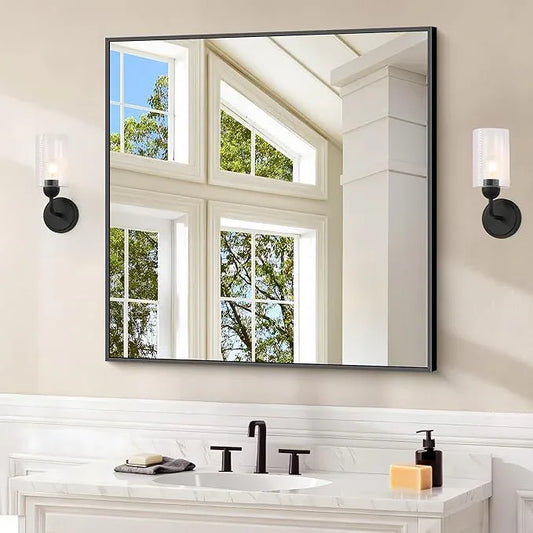 COFENY Black Bathroom Mirror for Wall, 30x30 Inch Rectangle Mirrors with Metal Frame, Modern Vanity Wall Square Mirror for Bathroom Living Room, Entryway Hangs Horizontal or Vertical - ModernBath