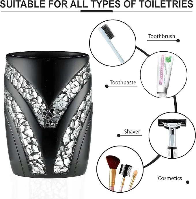 Zahari Home 4pc Sinatra Stylish Bathroom Accessories Set Black Soap Dispenser/Lotion Pump, Tumbler, Tooth Brush Holder and Soap Dish Modern Luxury Decor Bling Mosaic Glass Black Bathroom Accessories - ModernBath