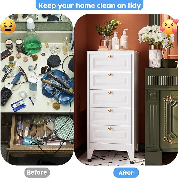 5 Drawer Dresser for Bedroom, Metal Storage Cabinet with Drawers and Leg, Vintage-Style Metal Storage Chest for Bathroom, Living Room, Required Assembly, White - ModernBath
