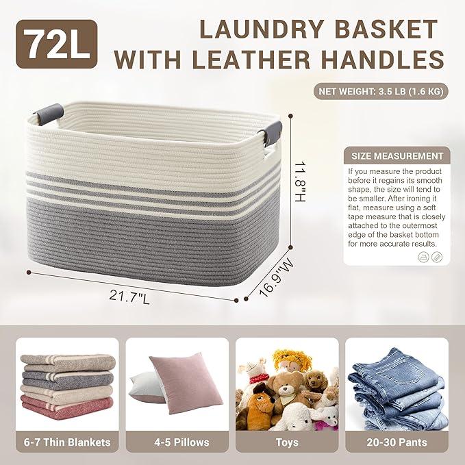 72L Large Laundry Basket with Leather Handles for Living Room Storage, Woven Rope Baskets Bin for Blanket, Kids Toy, Gifts, Wicker Hamper for Bedroom Dirty Clothes, 22"x17"x12" White Grey - ModernBath
