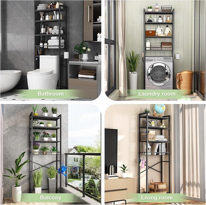 Over-The-Toilet Storage Rack, 4-Tier Bathroom Organizer Shelf Over Toilet with Adjustable Shelf and Basket, Freestanding Space Saver Bathroom Shelves Above Toilet for Room (Pure Black) - ModernBath