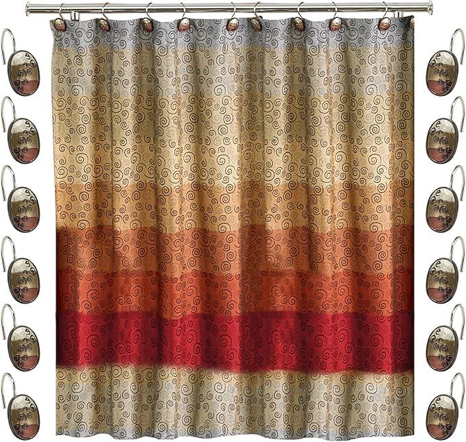 Zahari Home 13pc Miramar Bathroom Shower Curtain Sets Shower Curtain & 12 Shower Bathroom Hooks Modern Classic Luxury Contemporary Decor Multi Color Shower Curtain Set - ModernBath