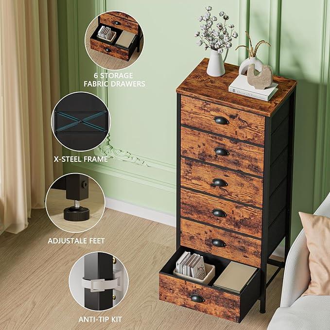 Furnulem Tall Dresser with 6 Drawers,Vertical End Table and Nightstand for Bedroom,Industrial Dorm Bedside Furniture with Fabric Storage Drawer Organizer in Living Room,Closet,Entryway(Rustic Brown) - ModernBath
