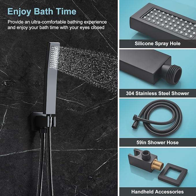 RTTWYYUU Matte Black Shower Head and Handle Set 8 Inch, Rain Shower Head with 2 Hooks, Luxury Rain Shower Set Square Wall Mount for Bathroom with Rain Shower and Handheld Shower System - ModernBath