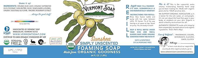 VERMONT SOAP Organic Unscented Foaming Hand Soap - Natural Moisturizing Soap for Dry Skin - Fragrance Free Liquid Bathroom Hand Soap - Simply Unscented - 64 oz - ModernBath