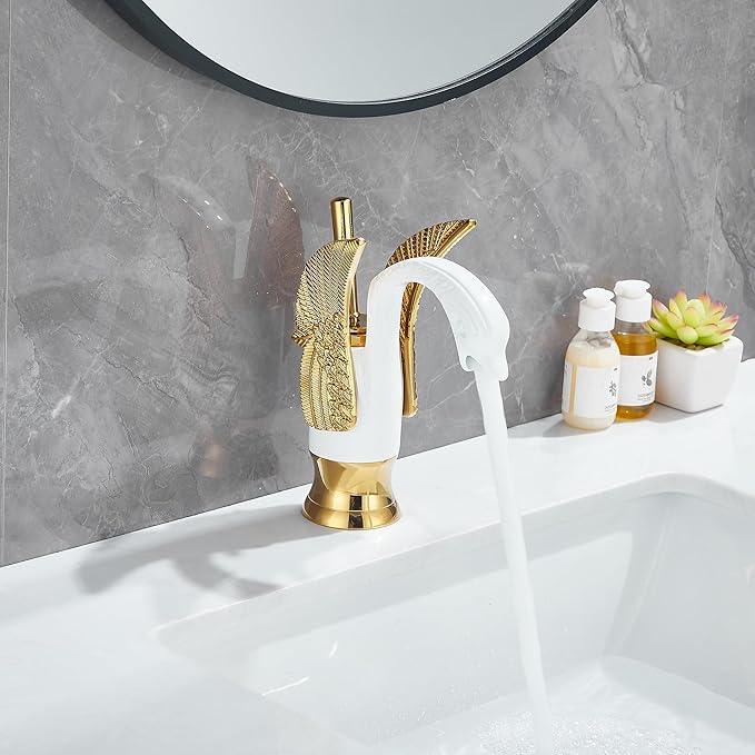 GGStudy Bathroom Faucet White Mixed Gold Swan Single Handle 1 Hole Bathroom Vanity Faucet Basin Tap Deck Mount Lavatory - ModernBath