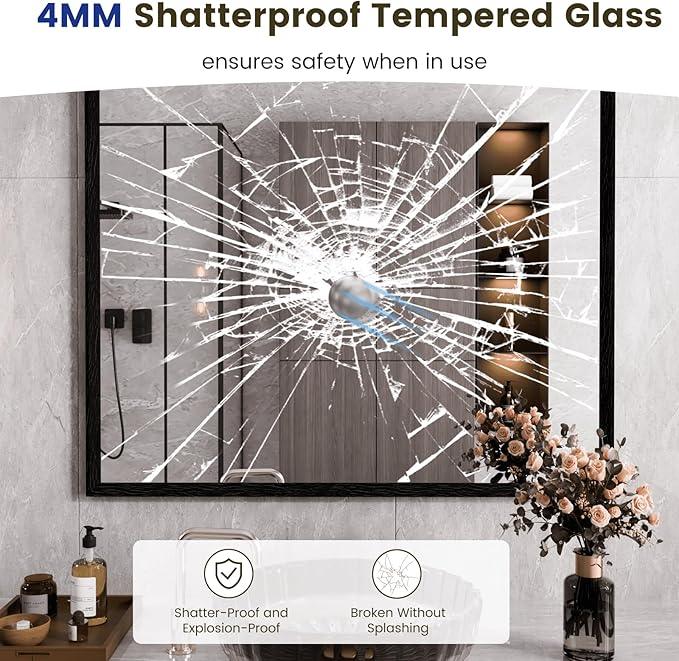 WEER Black Framed Mirror 36X30 Inch, Rectangular Matte Black Bathroom Vanity Mirror, Farmhouse Bathroom Mirror with Tempered Glass, Anti-Rust, Hangs Horizontal or Vertical - ModernBath
