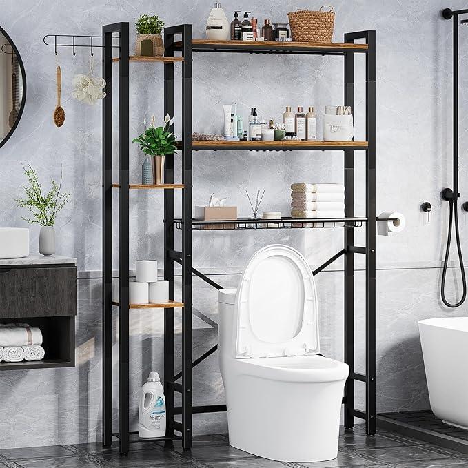 Over The Toilet Storage with Side Shelf, 7 Tier Bathroom Organizer Rack with Paper Holder, Hooks and Basket, Freestanding Above Toilet Shelf for Laundry, Quick Interlock Install (Vintage Brown) - ModernBath