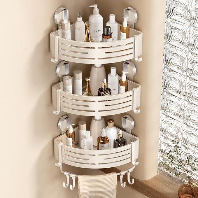 VOLPONE Corner Shower Caddy Suction Cup Shower Shelf Corner No Drilling Bathroom Shower Organizer Storage Rack Adhesive with Towel Bar Hooks(3-Pack, Ivory) - ModernBath