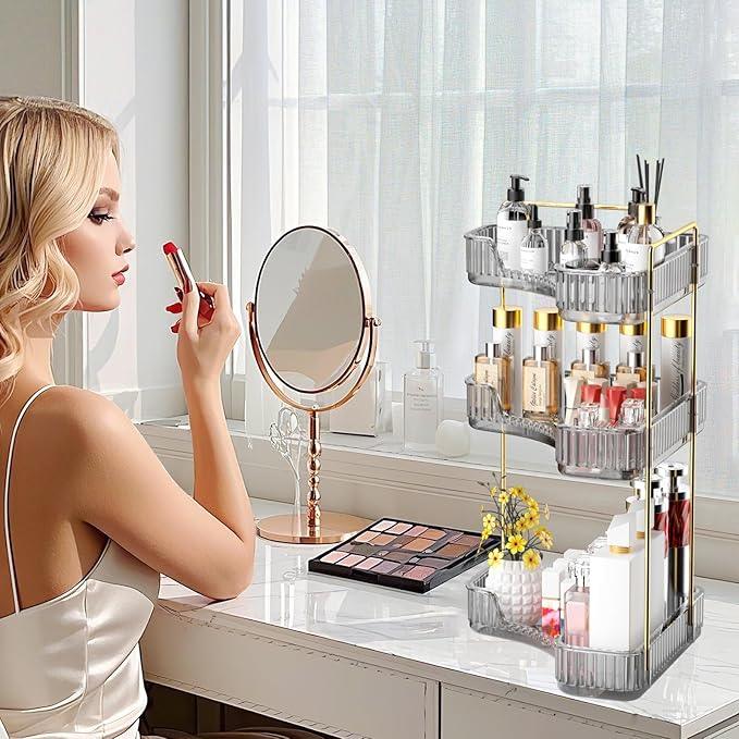 GTI 3-Tier Corner Bathroom Counter Organizer, Large Capacity Makeup Organizer Countertop, Perfume Cosmetics Skincare Vanity Organizers, Exquisite Countertop Storage for Women (Gray) - ModernBath