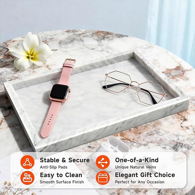 MARBLOC 12"x8" Marble Tray White Rectangular Bathroom Tray countertop, Vanity & Kitchen | Includes Mirror Wiper and Wash Towel | Decorative Organizer for Perfume, Jewelry & Home Decor - ModernBath