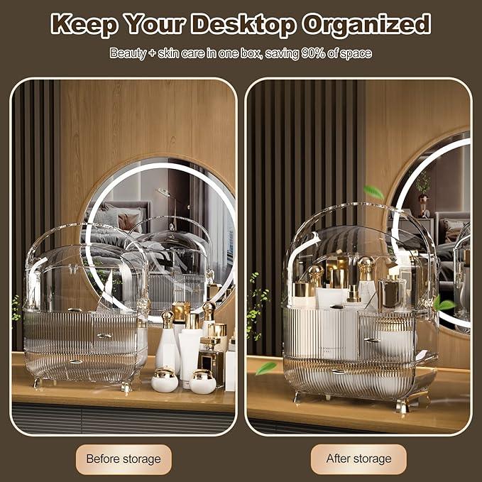 Ergocar Galatée Portable Retro Series Multi-Function Make Up Case Dustproof Cosmetic Storage Box,Cosmetics Skin Care Products Jewelry Organizer Finishing Box - High Transparency + Lipstick - ModernBath