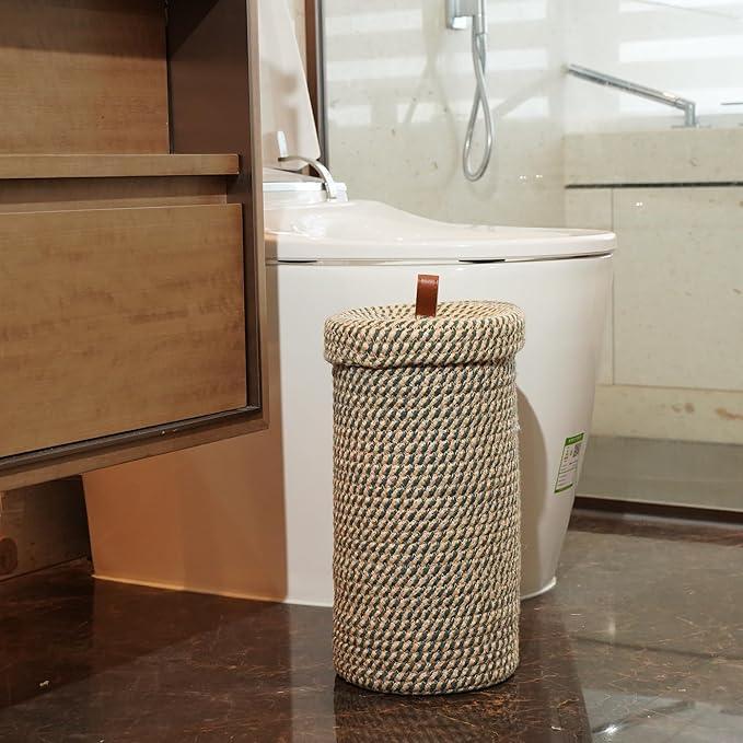 Handmade Cotton & Jute Toilet Paper Holder – Woven Toilet Paper Stand & Storage Basket with Lid, Freestanding Organizer for Bathroom, Fits 3 Rolls Green - ModernBath
