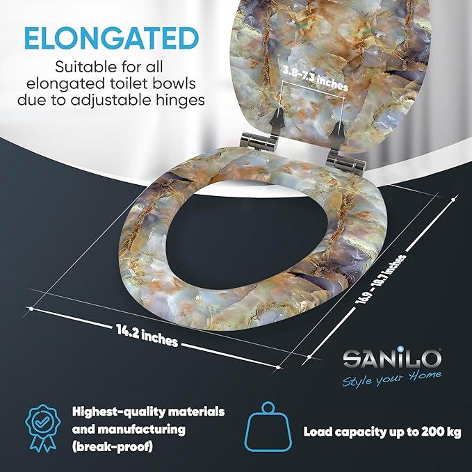SANILO Wooden Toilet Seat with Soft Close [ELONGATED] - Decorative, Quiet & Slow Close Molded Wood Seat - With Strong Bumpers & Hinges - Adjustable Fit - Marble Brown - ModernBath