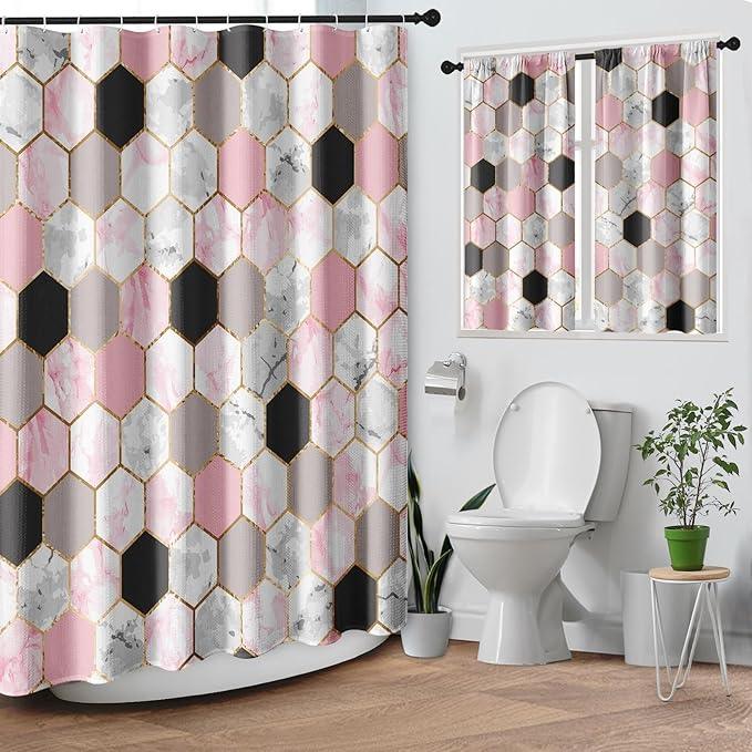 Culudea Geometric Gold Pink Shower Curtain Set, Gray Marble Vintage Bathroom Window Waterproof Shower Curtain Set for Bathroom Decor - ModernBath