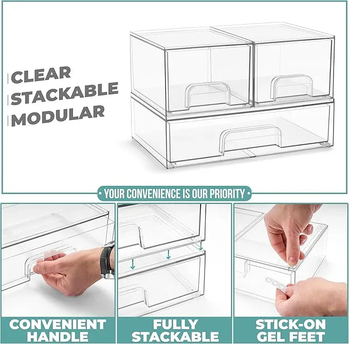 Sorbus Acrylic Storage Containers - 3 Pack, Stackable Storage Bins Set for Bathroom Organization - Clear Acrylic Drawer Organizers - Makeup Case Pull-Out Drawers (4.4’’ Tall and 12.1’’ Wide) - ModernBath