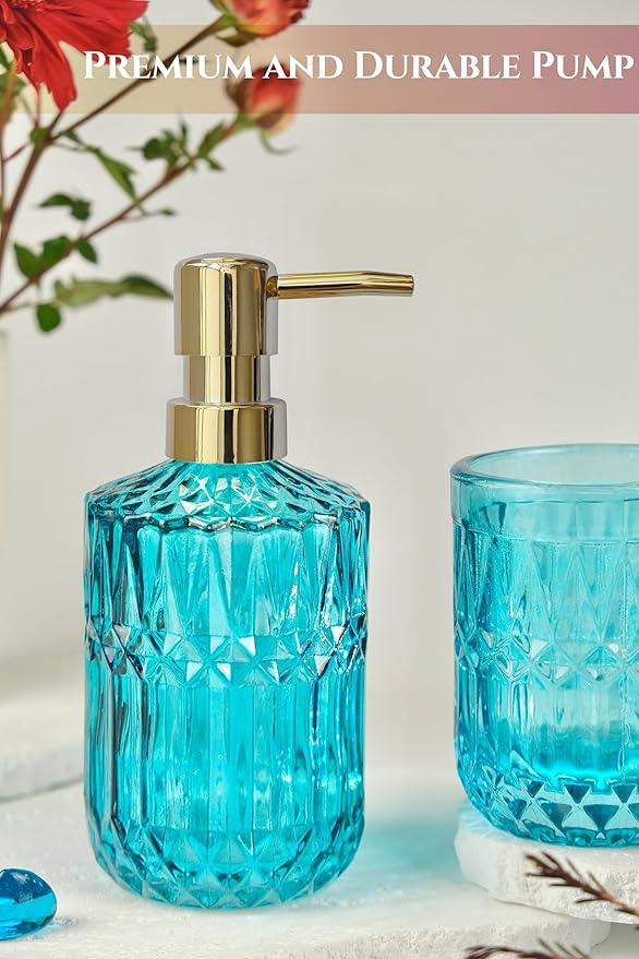 LaMarriti Teal Blue Bathroom Accessories Set, 5Pcs Clear Glass Bathroom Accessories, Hand Soap Dispenser Set, Soap Dish, Toothbrush Holder, Tumbler, Qtip Holder for Crystal Vantage Bathroom Decor - ModernBath