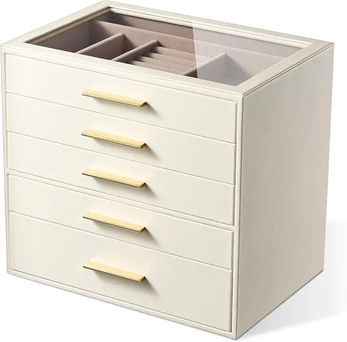 pickpiff Jewelry Box Organizer Case for Women: 5-Layer Jewelry Storage Case with Glass Window, Ivory Leather with Pink Velvet, Holder for Ring Necklace Bracelet Brooch Watch, Great Gift for Her - ModernBath