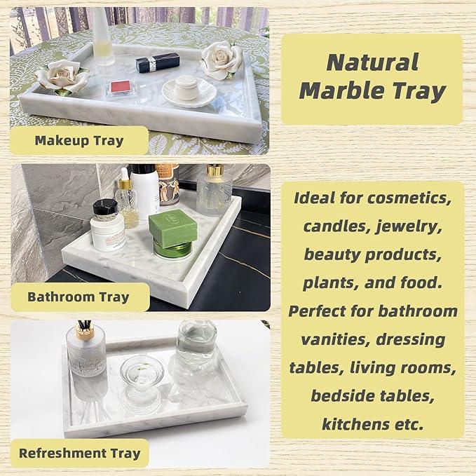 Yew & Tulip Natural Carrara White Marble Vanity Tray, Natural White Marble Serving Tray for Bathroom, Kitchen, Vanity, Home Decor, Wedding etc. (12" x 8" x 1.2") - ModernBath