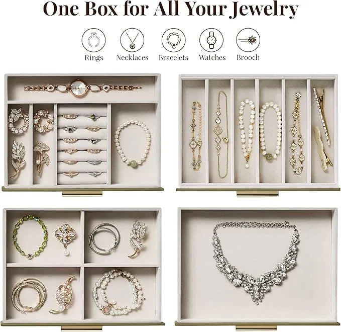 Jewelry Box Organizer Case for Women: 4-Layer Jewelry Storage Case with Glass Window, Olive Green Leather with Cream Velvet, Holder for Ring Necklace Bracelet Brooch Watch, Great Gift for Her - ModernBath