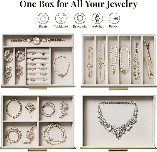Jewelry Box Organizer Case for Women: 4-Layer Jewelry Storage Case with Glass Window, Olive Green Leather with Cream Velvet, Holder for Ring Necklace Bracelet Brooch Watch, Great Gift for Her - ModernBath