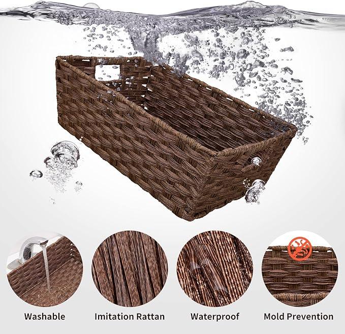 Onlytak Large Wicker Storage Basket, Metal Frame, Set of 2, Washable Waterproof, 15" x 10.3" x 5.2", Brown Color, Woven Basket for Pantry, Toilet, Bathroom, Bedroom, Patio - ModernBath
