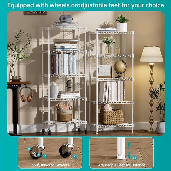 SINGAYE 5 Shelves Storage Shelf Wire Closet Bathroom Organizers Metal Pantry Kitchen Small Garage Shelving Unit Laundry Room Organization Home Narrow Rack Net Basket with Wheels White - ModernBath