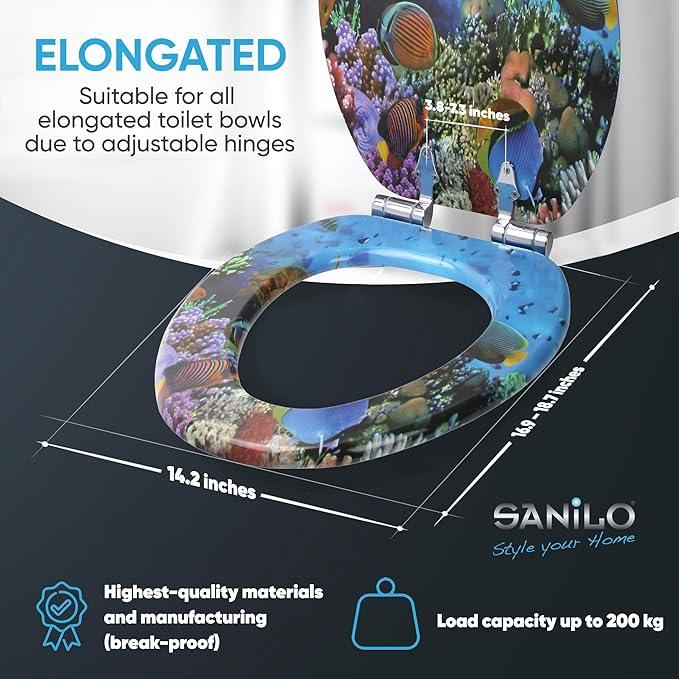 SANILO Wooden Toilet Seat with Soft Close [ELONGATED] - Decorative, Quiet & Slow Close Molded Wood Seat - With Strong Bumpers & Hinges - Adjustable Fit - Ocean - ModernBath