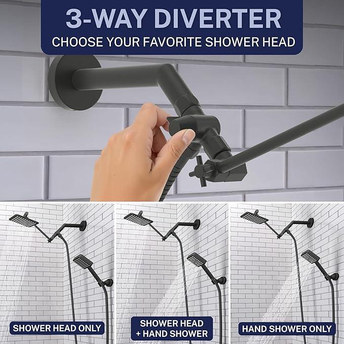 HammerHead® Solid Metal Dual Shower Head Combo — 8" Square Rain Shower Head with Handheld, 12" Adjustable Arm & Wall-Mount Holder for Flexible Installation — Matte Black - ModernBath