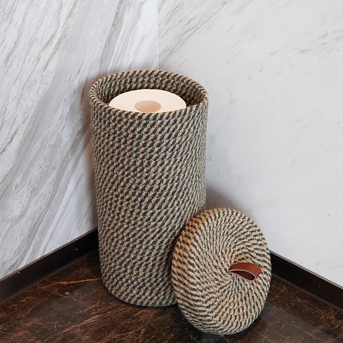 Handmade Cotton & Jute Toilet Paper Holder – Woven Toilet Paper Stand & Storage Basket with Lid, Freestanding Organizer for Bathroom, Fits 3 Rolls Green - ModernBath
