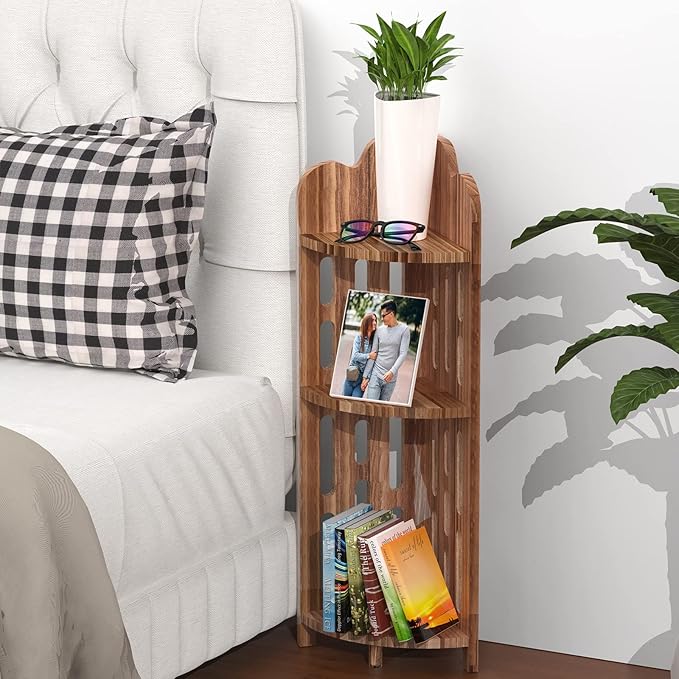 Meangood Bathroom Corner Shelf Stand, 3 Tier Pine Wood Display Shelf for Narrow Space, Shower Corner Shelf, Plant Stand Nightstand, for Living Room, Bedroom, Home Office, Elegant