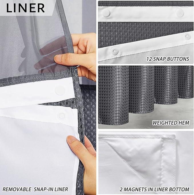 Furlinic Dark Grey Small Stall No Hook Shower Curtain with Snap in Liner,Waffle Weave Heavy Duty Fabric Waterproof Bathroom Curtains,Washable Shower Curtain Set with See Through Window 36x72 Inch - ModernBath