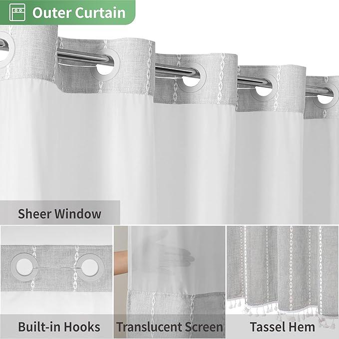 eachope Grey Farmhouse No Hook Shower Curtain Set with Snap-in Fabric Liner,Boho Heavy-Duty Linen Textured Rustic Striped Design,Water-Repellent with Tassels and Sheer Window,Gray,71x74 - ModernBath