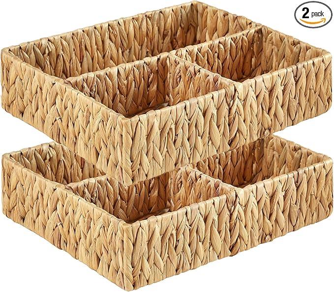 Vagusicc Wicker Divided Storage Basket, Hand-Woven Water Hyacinth Wicker Baskets, Basket for Drawer Organizing, 3 Section Rectangular Woven Storage Baskets, 2-Pack - ModernBath