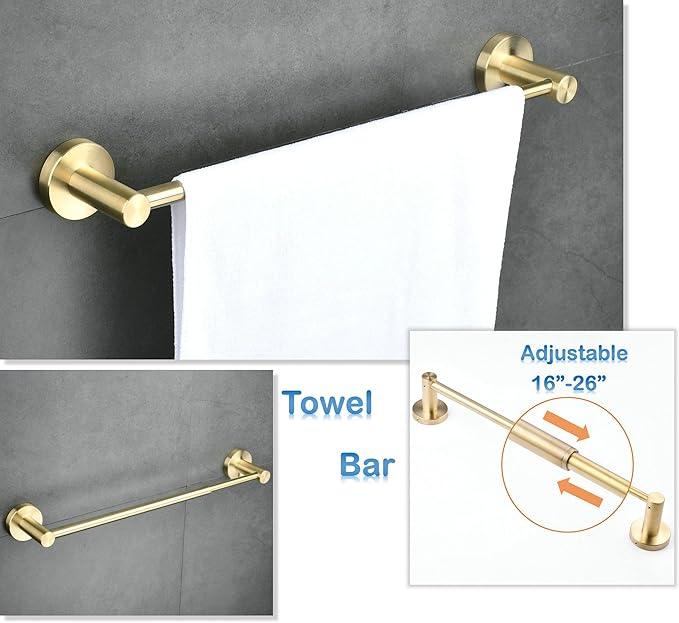 SHUNLI 5 Pieces Bathroom Accessories Hardware Set (Adjustable Towel Bar 16 to 26 Inch, Toilet Paper Holder, Towel Ring, 2PCS Hook) Brushed Gold Wall Mounted Bath Fixtures Set, SUS304 Stainless Steel - ModernBath