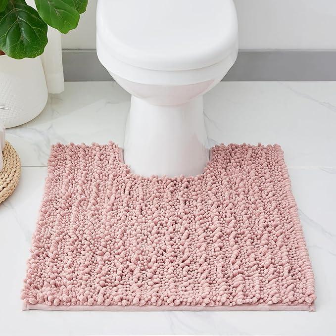 ILANGO Toilet Rugs U Shaped Pink 24x24 Bathroom Rugs,Extra Soft Absorbent Chenille Bath Rugs,Thick Non-Slip Shaggy Bath Mat,Machine Washable Quick Dry Shaggy Bath Mats for Toilet Contour - ModernBath