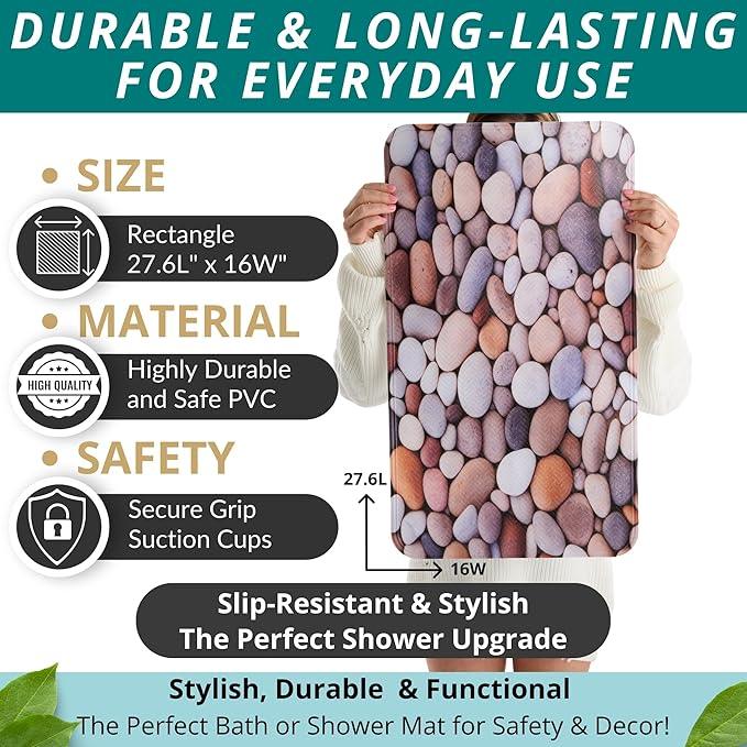 ENKOSI Non Slip Bath Mat for Tub and Shower Floors – Anti Slip Shower Mat with Strong Secure Grip – Unique Pebble Stone Print Bathroom Mat for Inside Bathtub and Smooth Stalls (28x16 Pebble Stone) - ModernBath