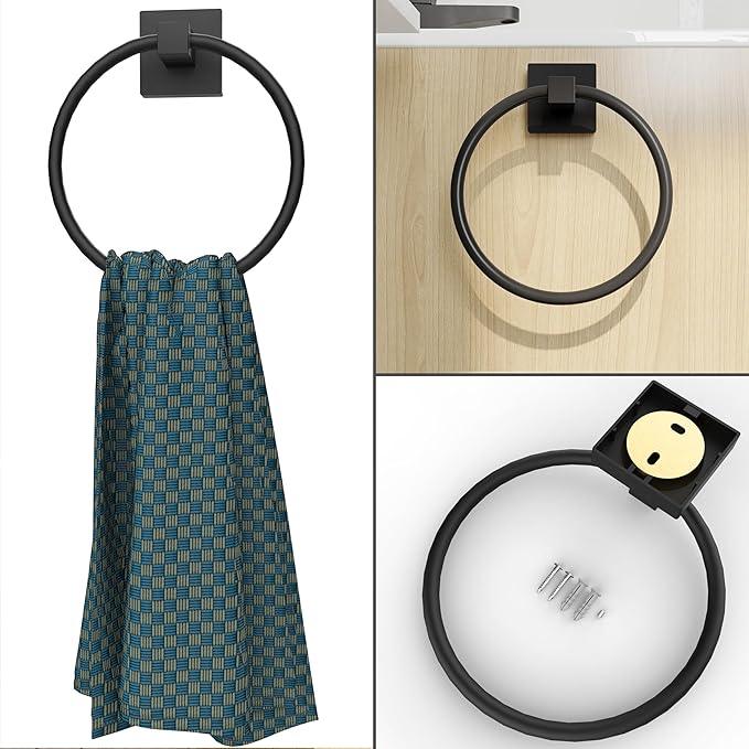 RUACQ Towel Ring-Matte Black Towel Holder Square Base Stainless Steel and Zinc Alloy Modern Wall Mounted - ModernBath