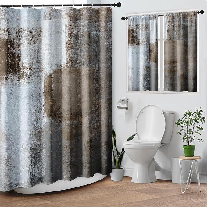 Culudea Brown Grey Painting Shower Curtain Set, Contemporary Gray Abstract Bathroom Window Waterproof Shower Curtain Set for Bathroom Decor - ModernBath