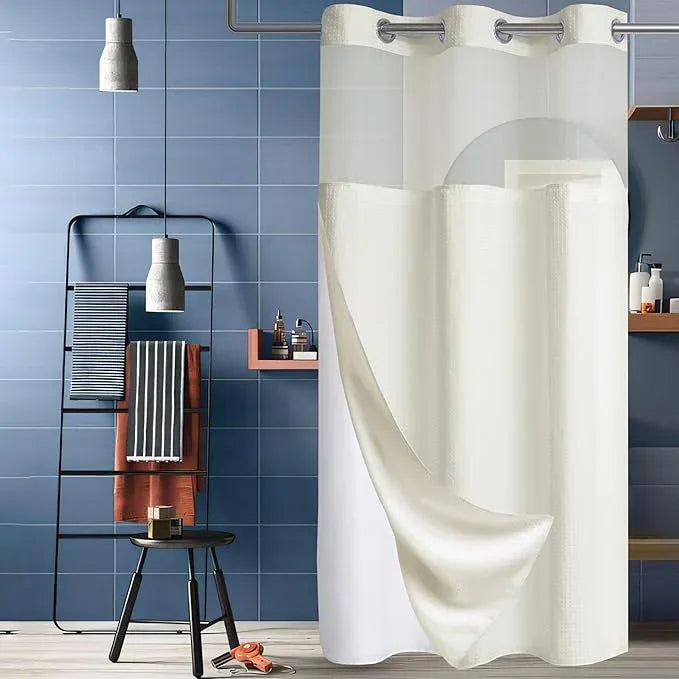 Conbo Mio Stall No Hook Waffle Weave Shower Curtain with Snap in Liner Set, Hotel Luxury Beige Shower Curtains for Bathroom with See Through Top Window, Waterproof, Washable 36W x 74H - ModernBath
