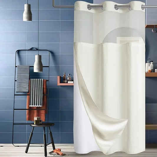 Conbo Mio Stall No Hook Waffle Weave Shower Curtain with Snap in Liner Set, Hotel Luxury Beige Shower Curtains for Bathroom with See Through Top Window, Waterproof, Washable 36W x 74H - ModernBath