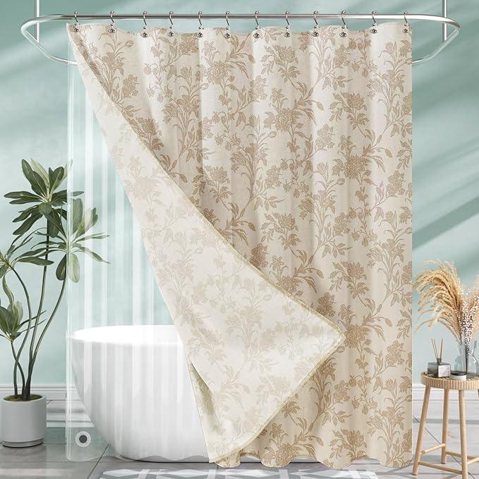 WOUVMA 3 in 1 Shower Curtain with Liner and Hooks Beige Floral Cotton Linen Shower Curtain for Bathroom 72" W x 72" L Double Layer - ModernBath