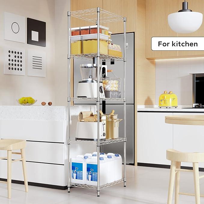 5 Tiers Shelf Metal Storage Shelves Wire Rack Closet Organizers with Wheel for Garage Kitchen Bathroom Laundry Chrome 11.8" D x 17.7" W x 55" H - ModernBath