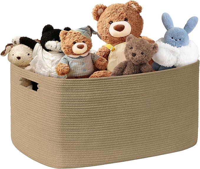 60L Small Wicker Laundry Basket for Living Room Storage,Boho Woven Cotton Rope Baskets for Kids Toy,Gifts,Square Blanket Hamper for Bedroom Dirty Clothes,Jute - ModernBath